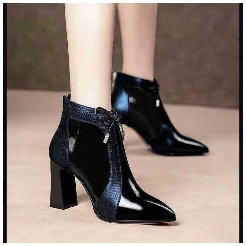 Warm Martin Boots Short Boots Women Black High Heels Thick Mid-heel