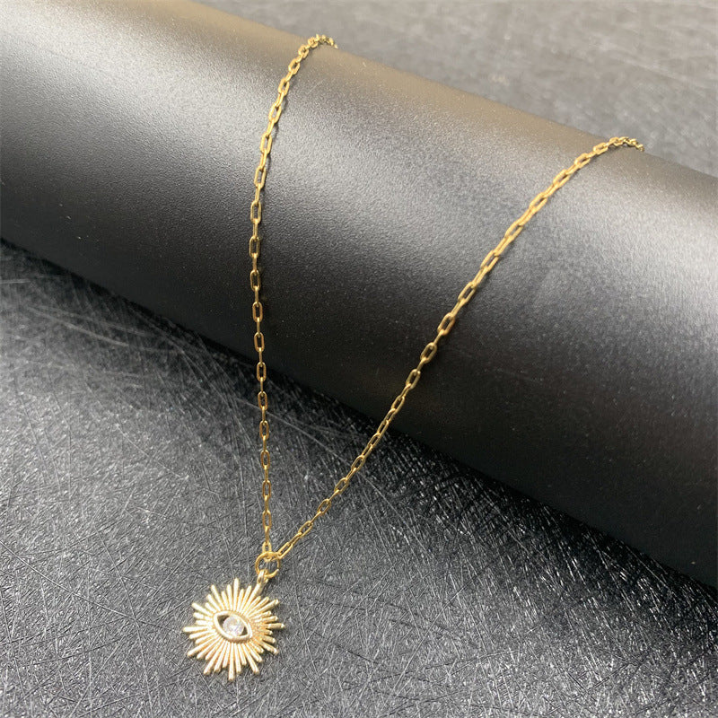 Copper Plated Zircon Eye Small Pendant Sunflower Necklace