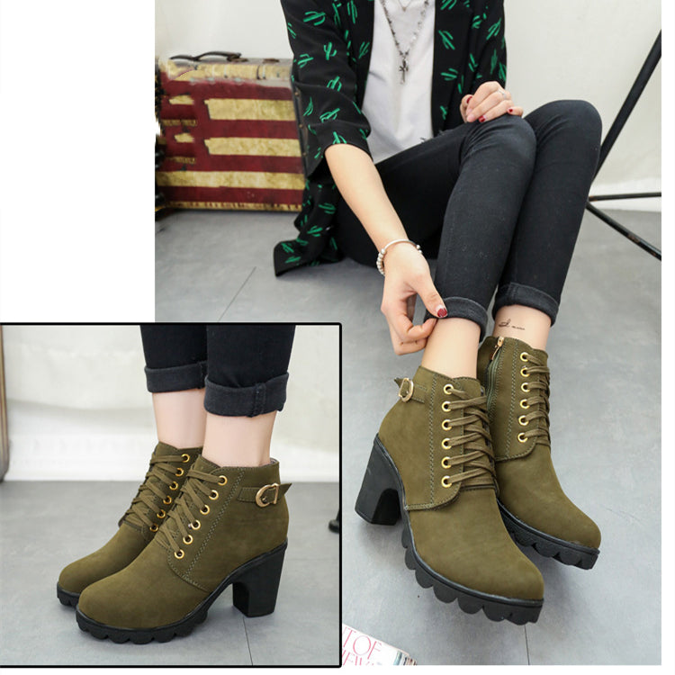 Chunky Block Heel Boots Buckle Ankle Boots Women Shoes