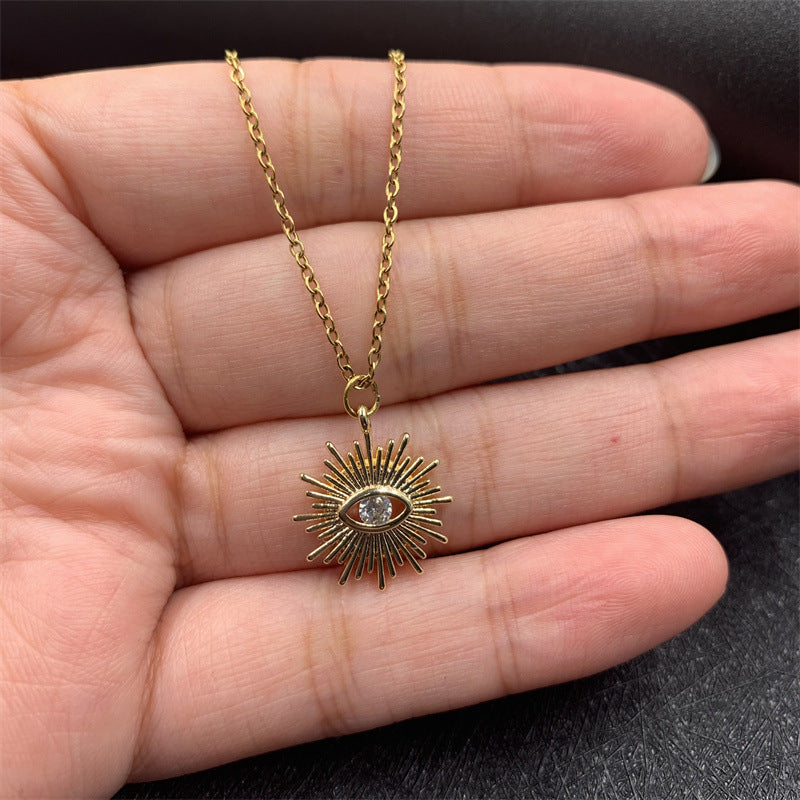 Copper Plated Zircon Eye Small Pendant Sunflower Necklace