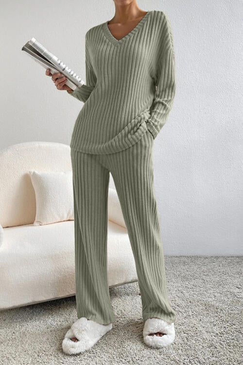 Ribbed V-Neck Top and Pants Set